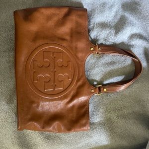 Tory Burch Bombe embossed leather tote bag cognac medium sized